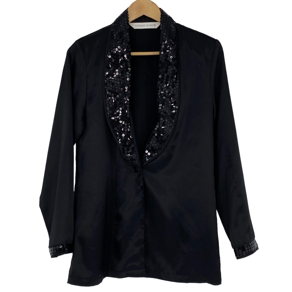 VTG Victoria's Secret sequin collar black silky blazer jacket women's size small
